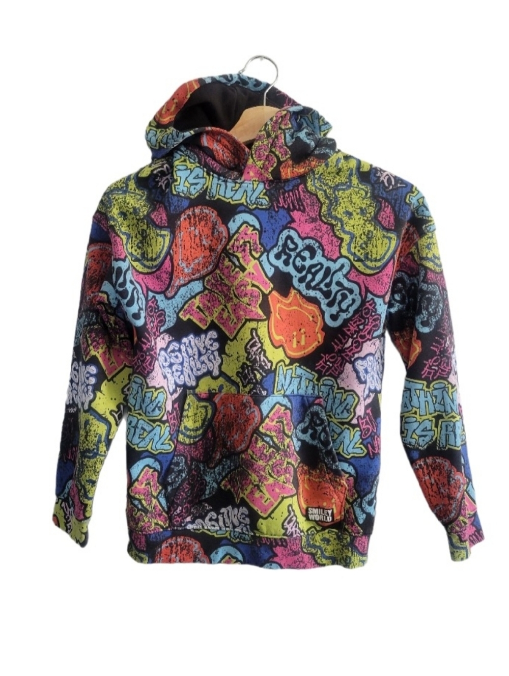 H&M X SMILEY WORLD Kids Multicolor Graffiti Hoodie Size 8-10 Streetwear Y2K